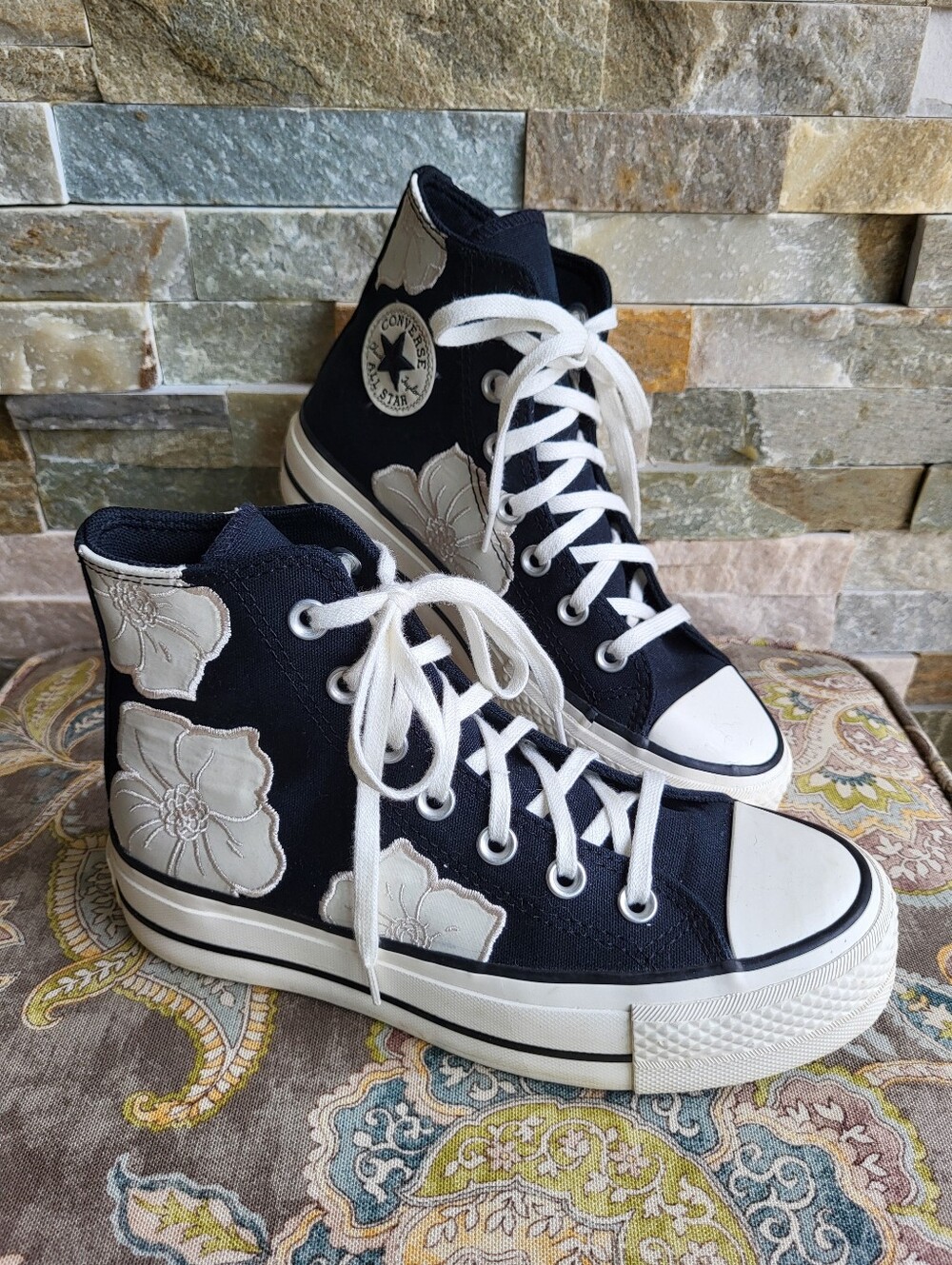 Converse Chuck Taylor High Top Sneakers in Black with Cream Floral Appliqué
